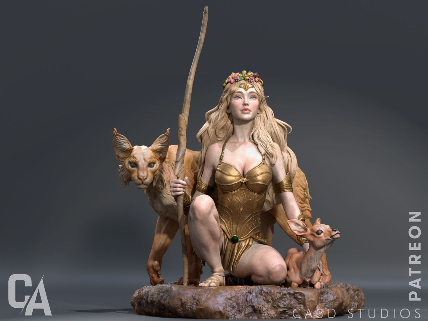 A detailed collectible of Artemis, the Greek goddess of the hunt, kneeling with a staff in hand, accompanied by a lynx-like creature and a small deer. Her intricate armor and floral crown complement her poised expression and divine presence.