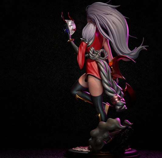 Back view of Blood Moon Diana League of Legends collectible figure with long braid and mask