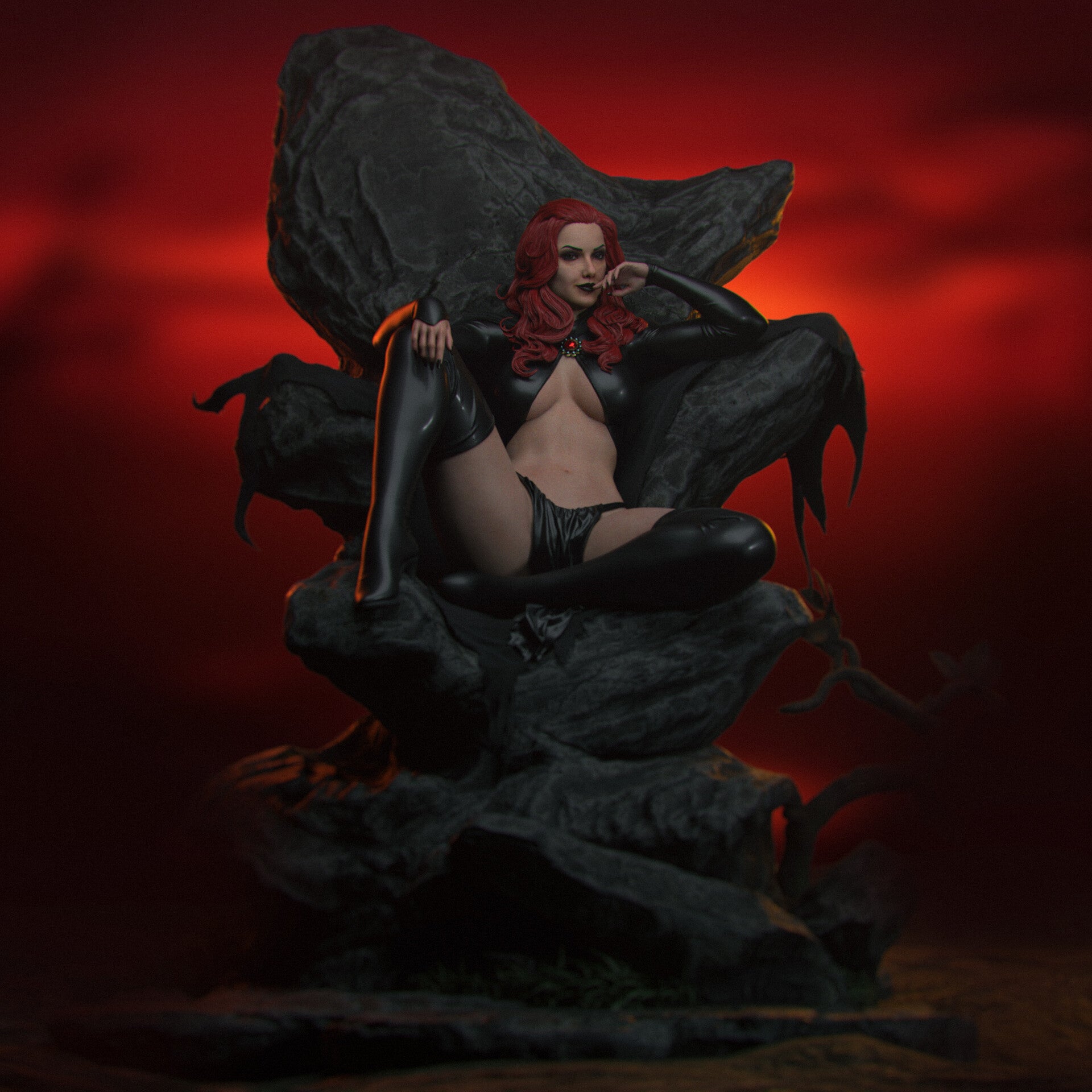 Full-body collectible statue of Madelyne Pryor on a rock throne, depicted with flowing red hair and a confident expression.