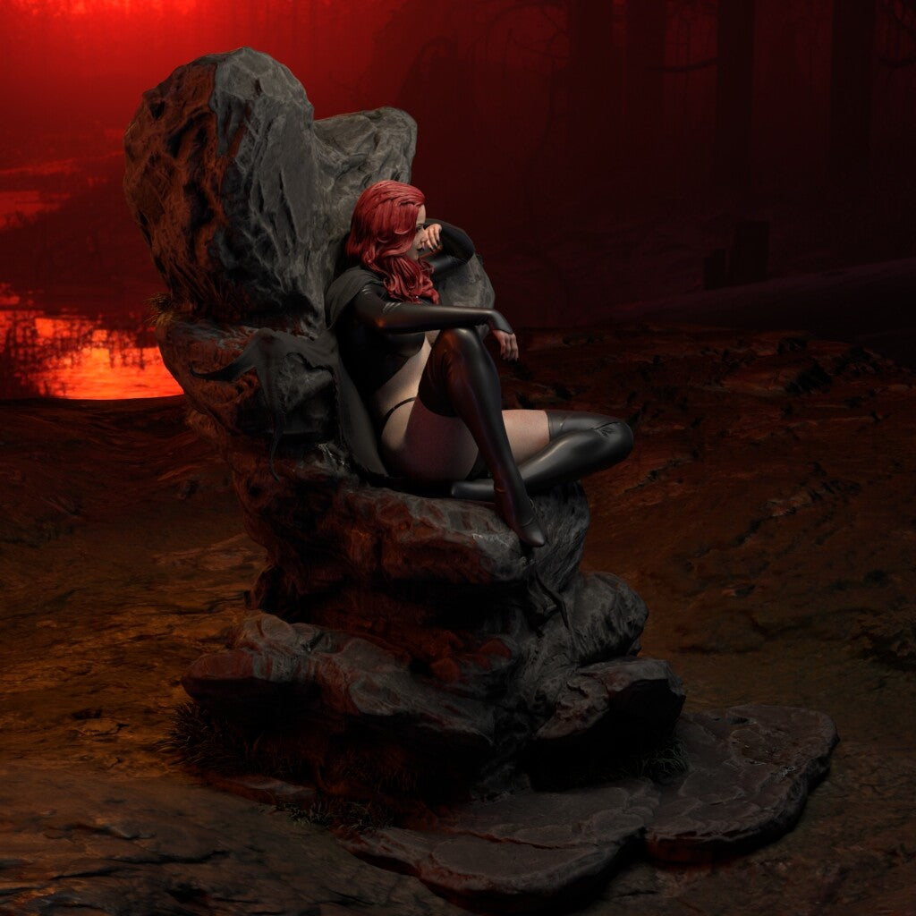 Side view of the Madelyne Pryor collectible figurine seated on a stone chair in a dark setting.