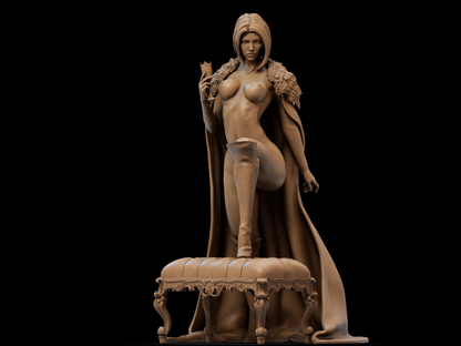 Clay render of Emma Frost in NSFW version, standing with one leg raised on ornate stool, cape draped behind her.