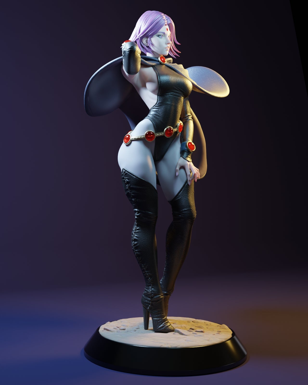 Side angle of Raven statue in cape, bodysuit, and boots, with one hand near her hair and detailed base.