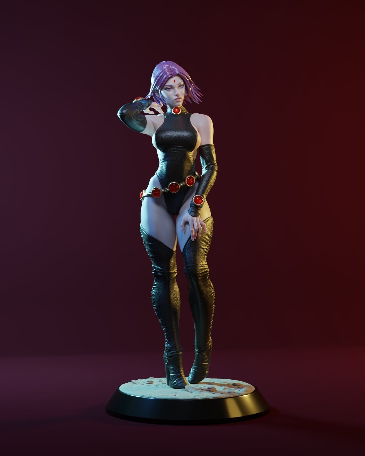 Front view of Raven with cape draped back, bodysuit, thigh-high boots, and gem accessories, standing on display base.