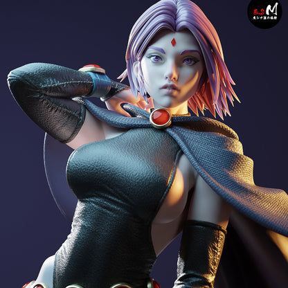 Close-up of Raven collectible figure in black textured bodysuit and cape, with purple bob haircut, red forehead gem, and serious expression.