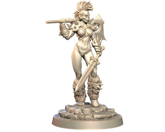 Ravika female human barbarian miniature standing on rocky base with axe resting on shoulder and sword in hand.