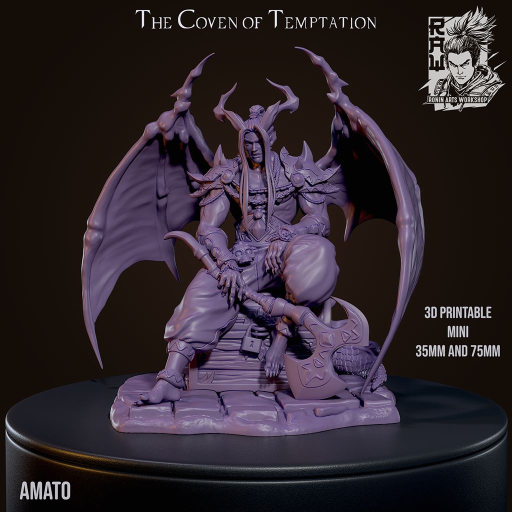 Amato, a seated incubus with wings and horns, resting on a treasure chest, holding a large axe, 3D printable.