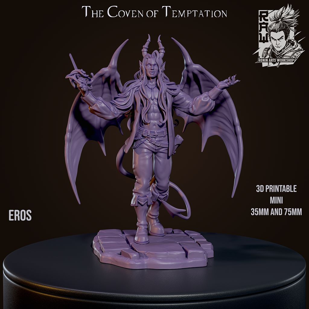 Eros, a winged incubus with long flowing hair and horns, wearing a relaxed outfit, standing on a base, 3D printable.