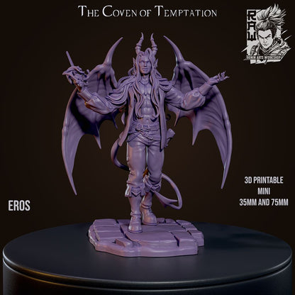 Eros, a winged incubus with long flowing hair and horns, wearing a relaxed outfit, standing on a base, 3D printable.