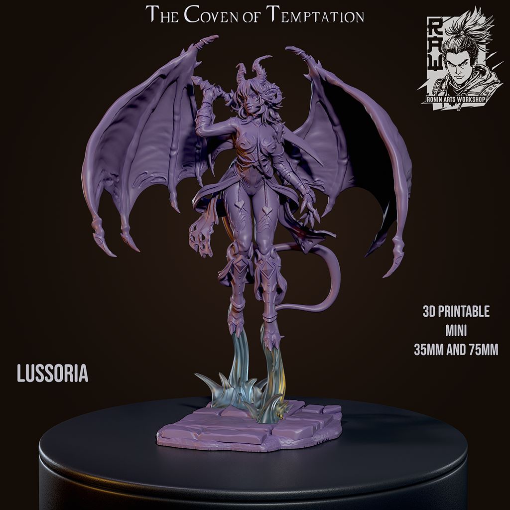 Lussoria, a winged succubus, standing on a base with her wings spread out, 3D printable miniature.