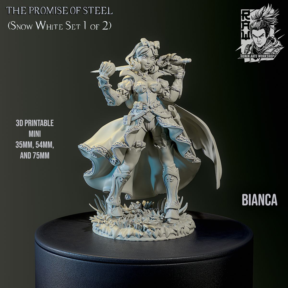 Grey render of Bianca's miniature, showcasing her dynamic pose and highly detailed outfit.