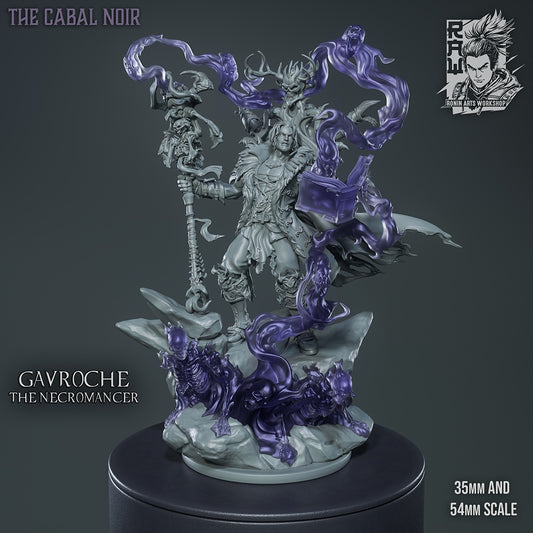 Gavroche the Necromancer miniature holding a staff and spellbook, dark mage surrounded by summoned undead and spectral energy, villain NPC character for fantasy RPG encounters
