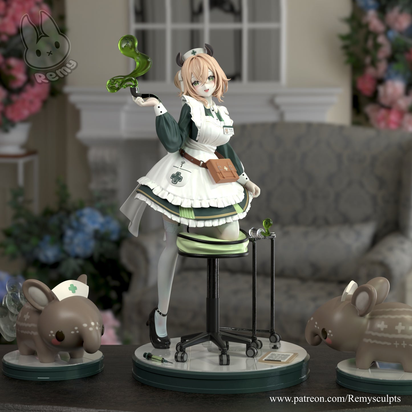 Nightmare Nimi nurse maid vTuber collectible figure color render with green fluid effect mascots and medical themed base