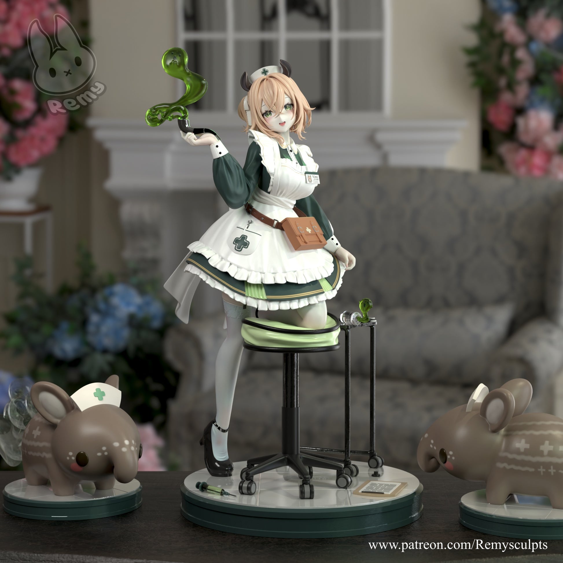 Nightmare Nimi nurse maid vTuber collectible figure color render with green fluid effect mascots and medical themed base