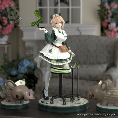 Nightmare Nimi nurse maid vTuber collectible figure color render with green fluid effect mascots and medical themed base