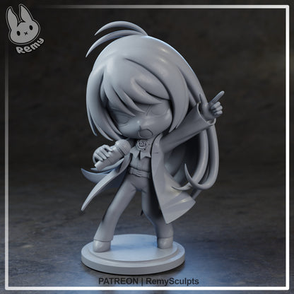 Unpainted Chibi Ado collectible figure front view showing microphone, raised arm pose, long coat and chibi proportions
