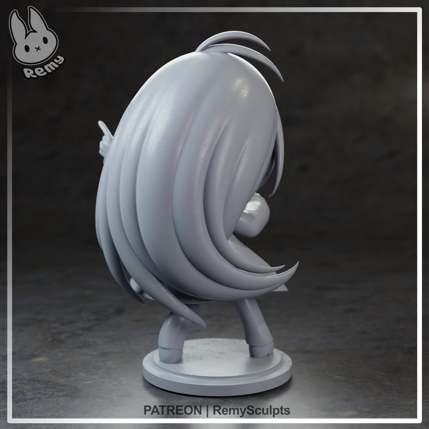 Chibi Ado collectible figure rear view showing layered flowing hair sculpt and dynamic coat movement, chibi singer display figure from behind