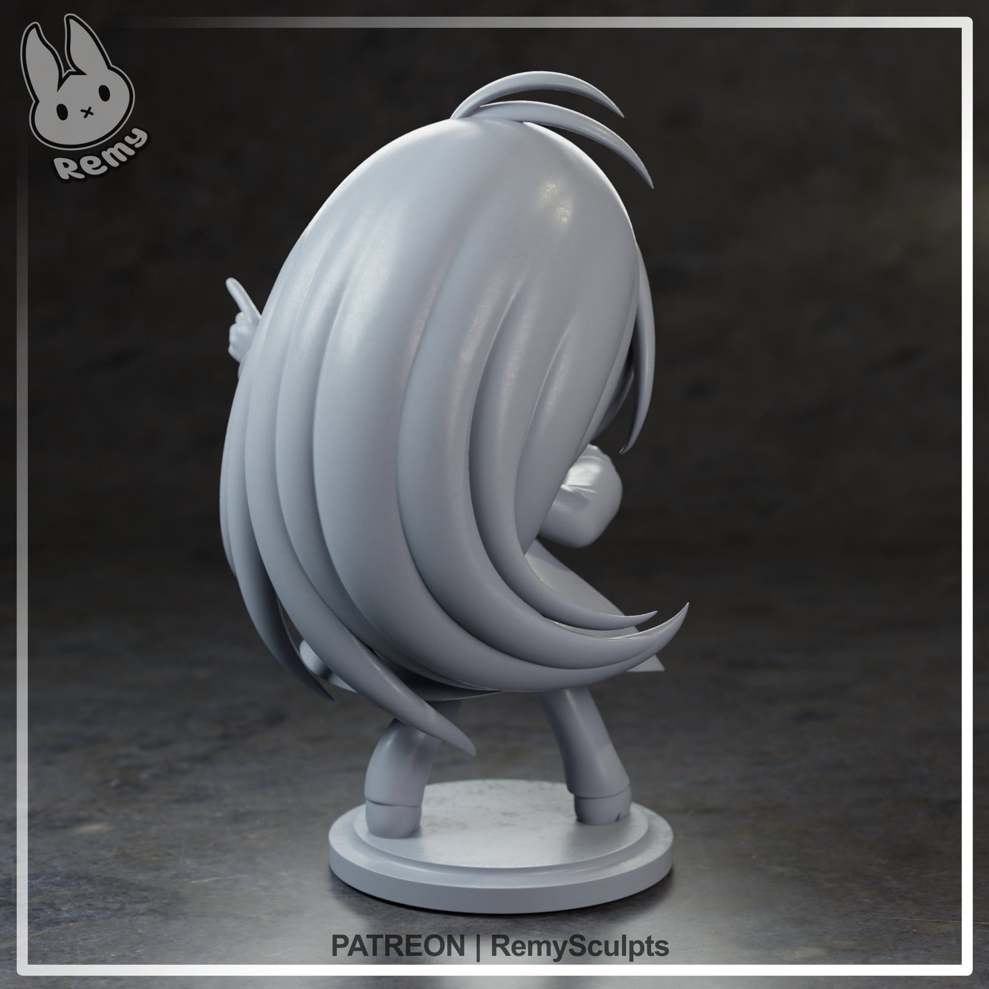 Chibi Ado collectible figure rear view showing layered flowing hair sculpt and dynamic coat movement, chibi singer display figure from behind