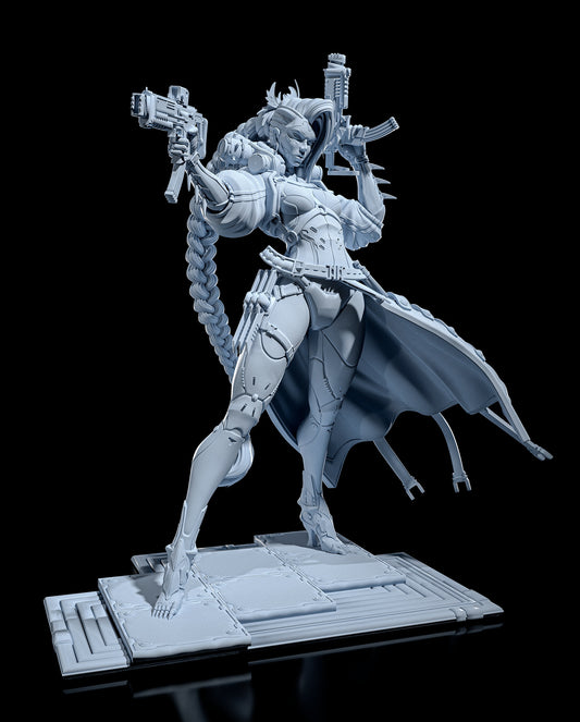 Unpainted Rin Killer with trench coat flowing, dual guns raised, standing on textured cyberpunk tiles.
