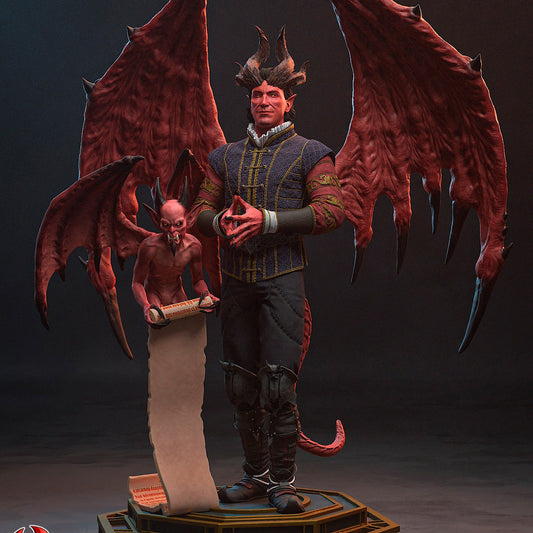 Painted Raphael figurine with detailed textures, horns, and crimson wings beside an imp assistant presenting a scroll.