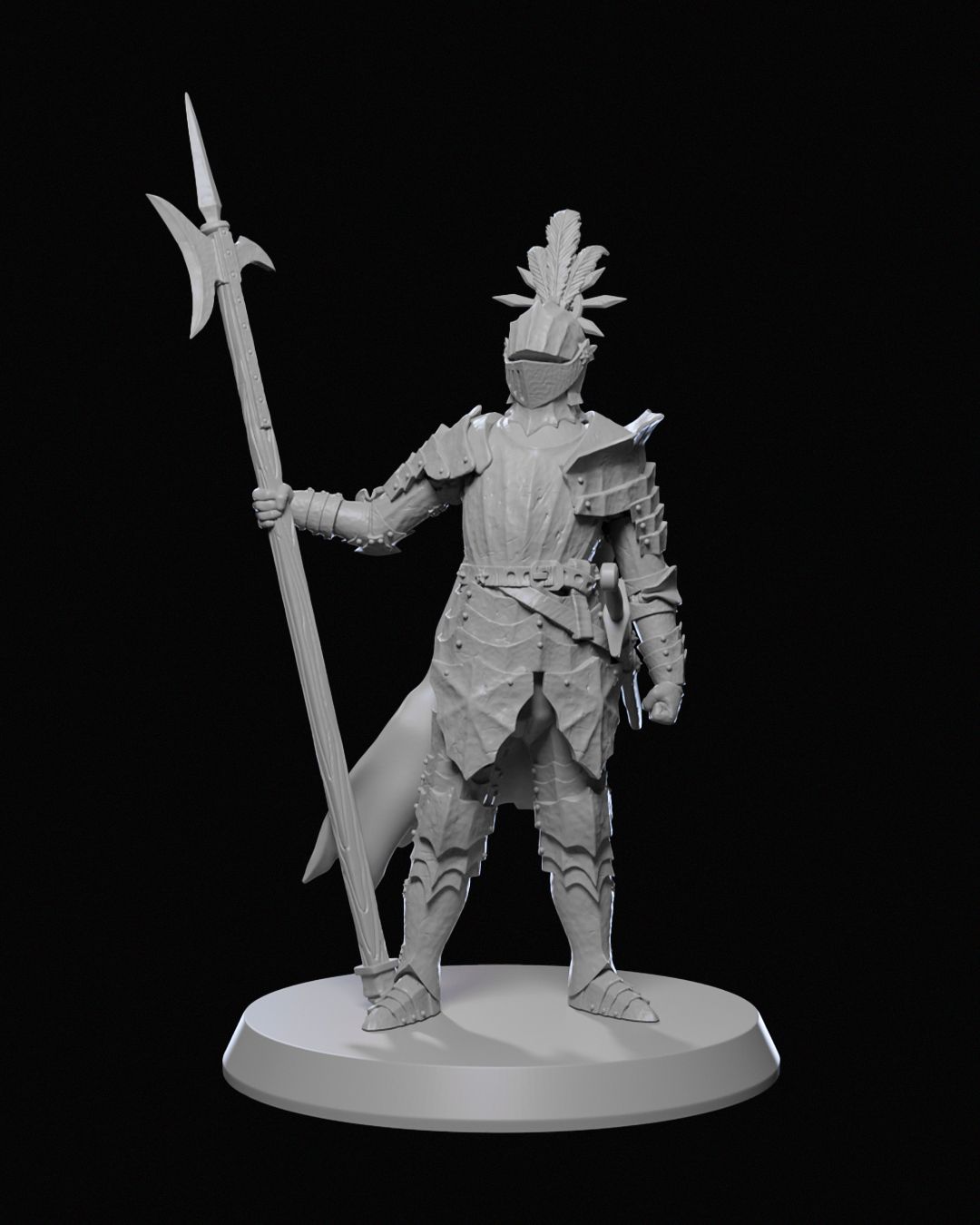 Front view of the Ravenhold General miniature, standing firmly in full armor with a large feathered helmet, holding a polearm, and wearing a cape flowing behind.