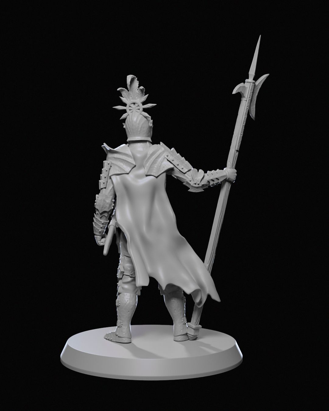 Rear view of the Ravenhold General miniature, showing the cape flowing down his back and detailed armor, holding a polearm ready for battle.