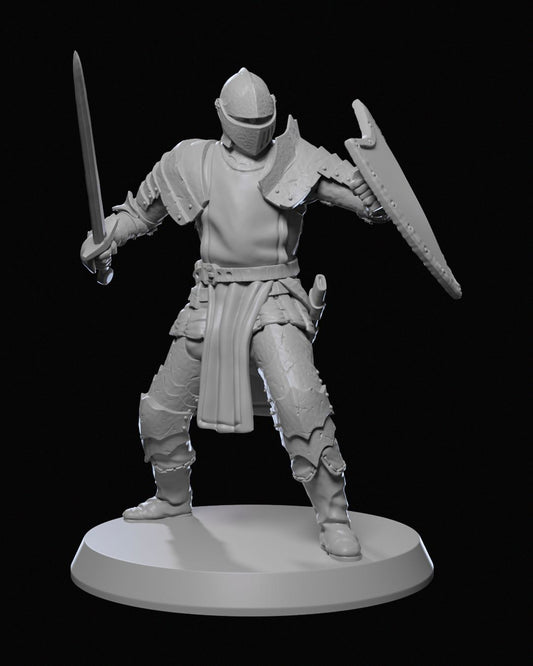 A Ravenhold Guard miniature in a combat stance, holding a sword and shield, wearing full plate armor and a closed helmet.