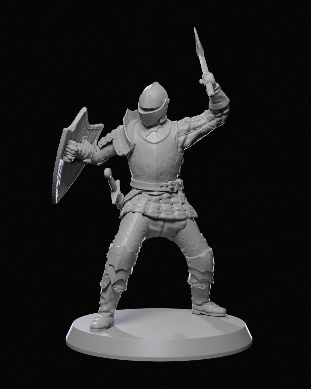 A Ravenhold Guard miniature ready for battle with a sword and shield raised, clad in full armor, poised for defense.