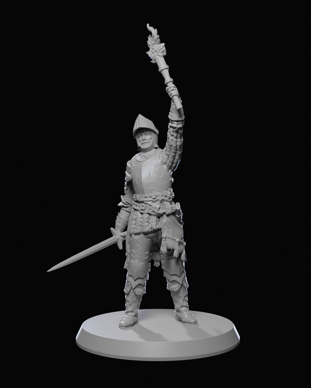 Ravenhold Head Guard figure holding a lit torch high in one hand and a sword in the other, dressed in partial plate armor with a pointed helmet.