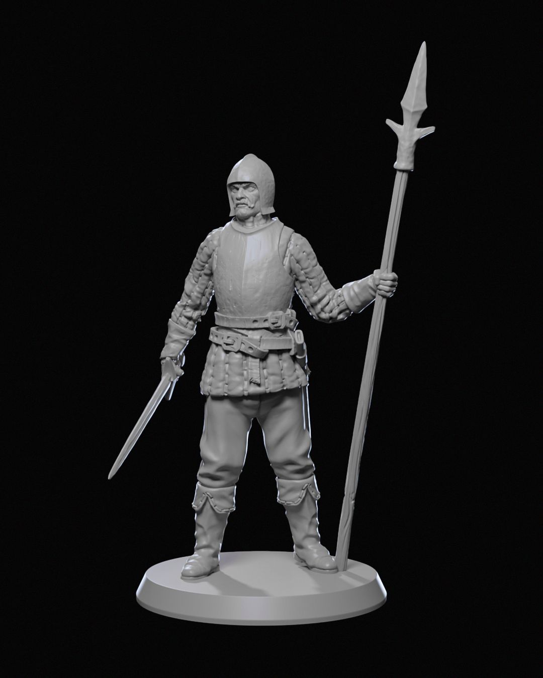 Ravenhold Infantry spearman miniature holding a spear and a sword, dressed in padded armor and a helmet, suitable for fantasy RPG games.