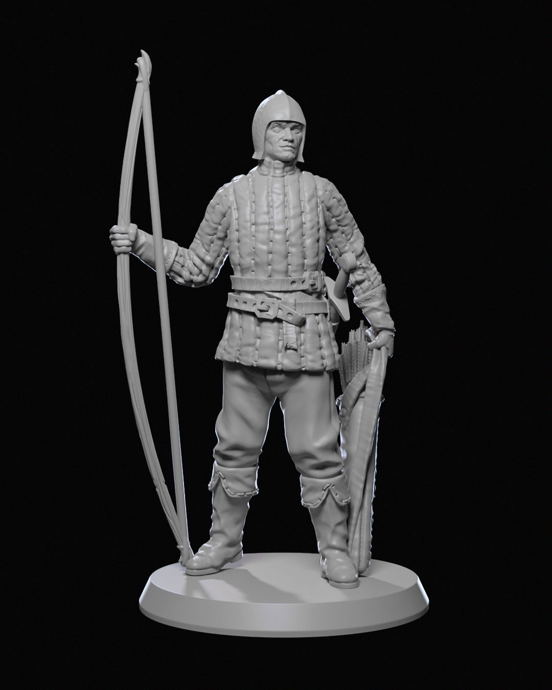 Ravenhold Infantry archer miniature standing with a bow and quiver, clad in padded armor and helmet, ready for battle in tabletop RPGs.