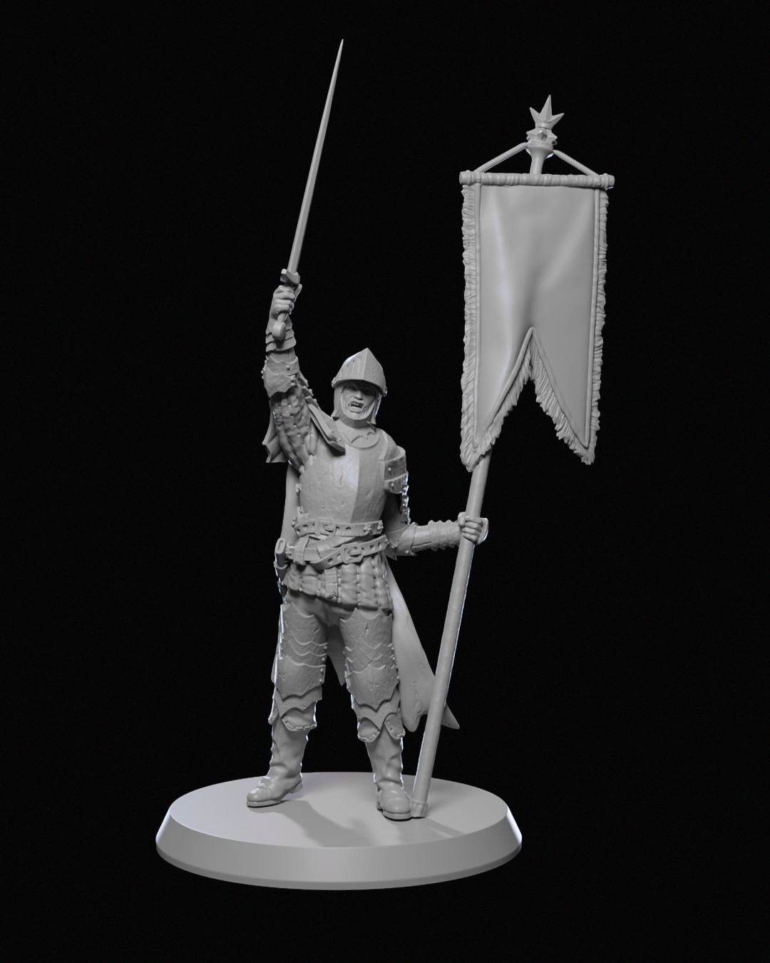 Ravenhold Infantry commander miniature holding a raised sword and a banner, wearing armor and a helmet, ideal for fantasy RPG settings.