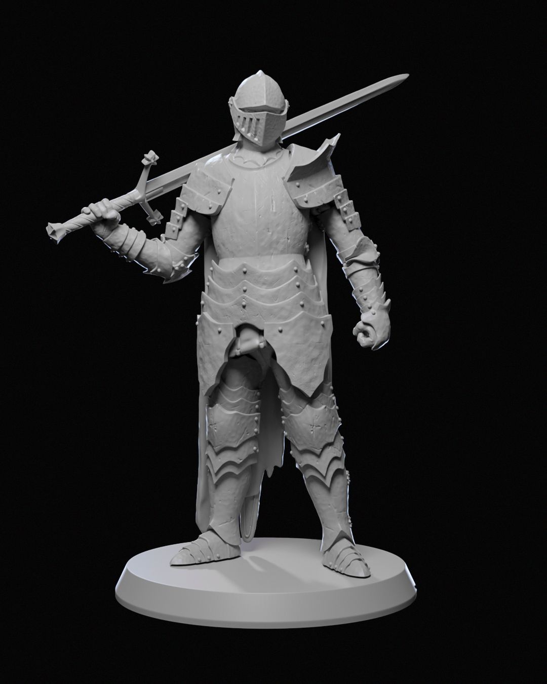 A Ravenhold Knight miniature holding a sword over his shoulder, clad in full plate armor with a closed helm and standing ready for battle.