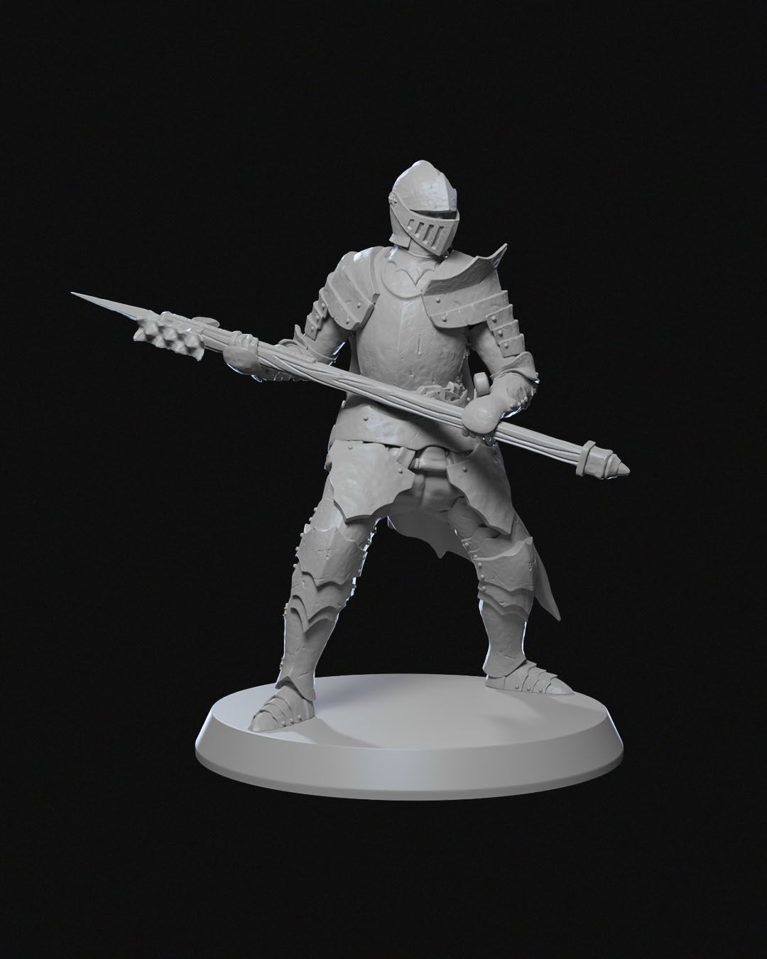 A Ravenhold Knight miniature in a combat stance with a polearm, wearing full plate armor and a crested helm, prepared for engagement.