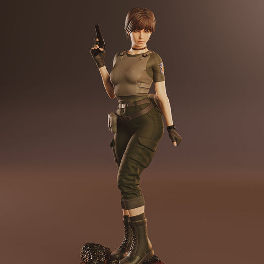 Rebecca Chambers 1:4 scale collectible figure rear view holding a handgun, wearing tactical medic gear with rescue vest, utility pouches, gloves, cargo pants, and boots, standing on a contaminated display base inspired by Resident Evil.