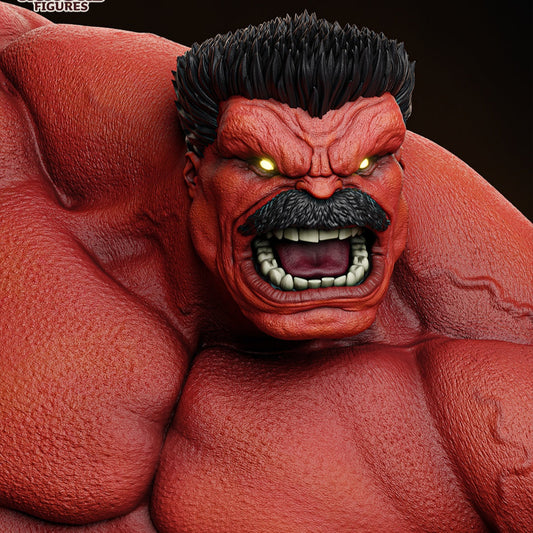 Red Hulk 1:6 scale collectible close-up face with glowing yellow eyes and snarling expression
