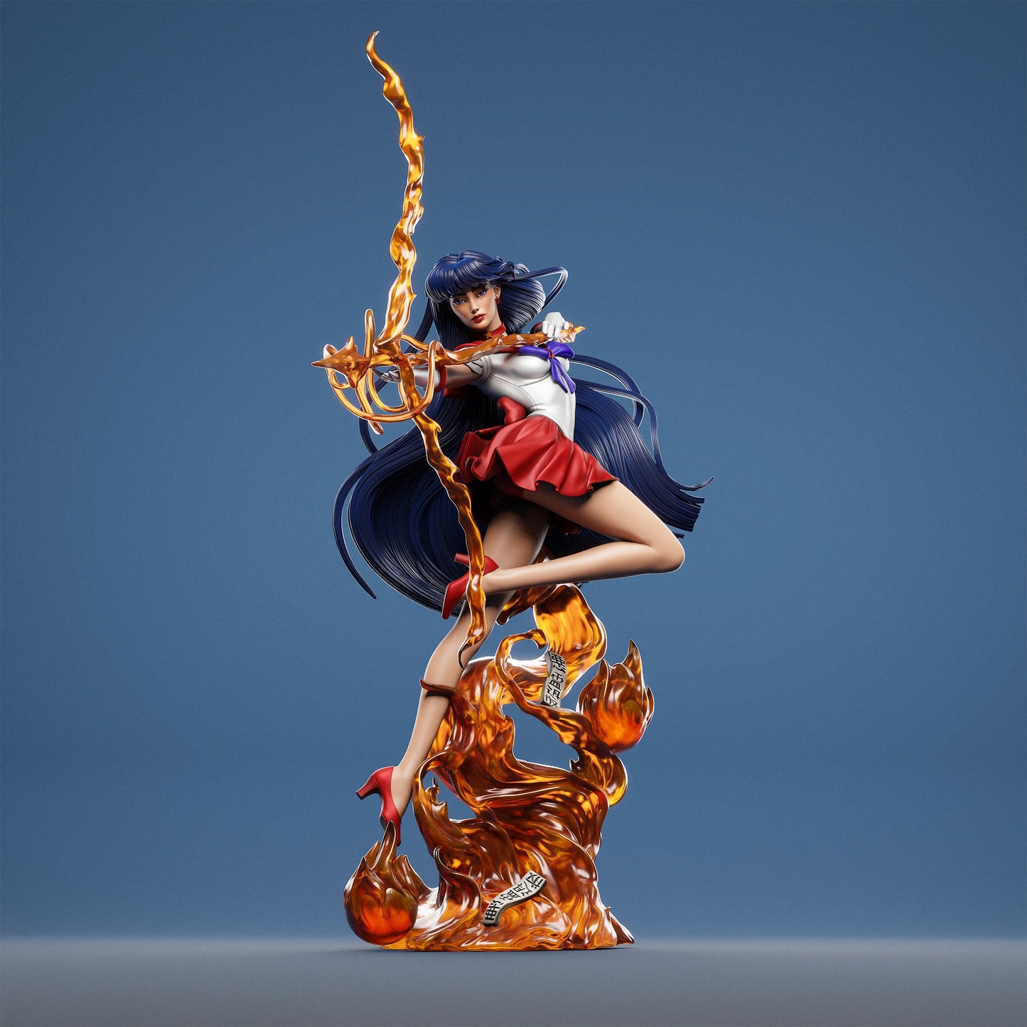 Full front view of Rei Hino collectible figure suspended in mid-air with flowing hair and blazing fire base.