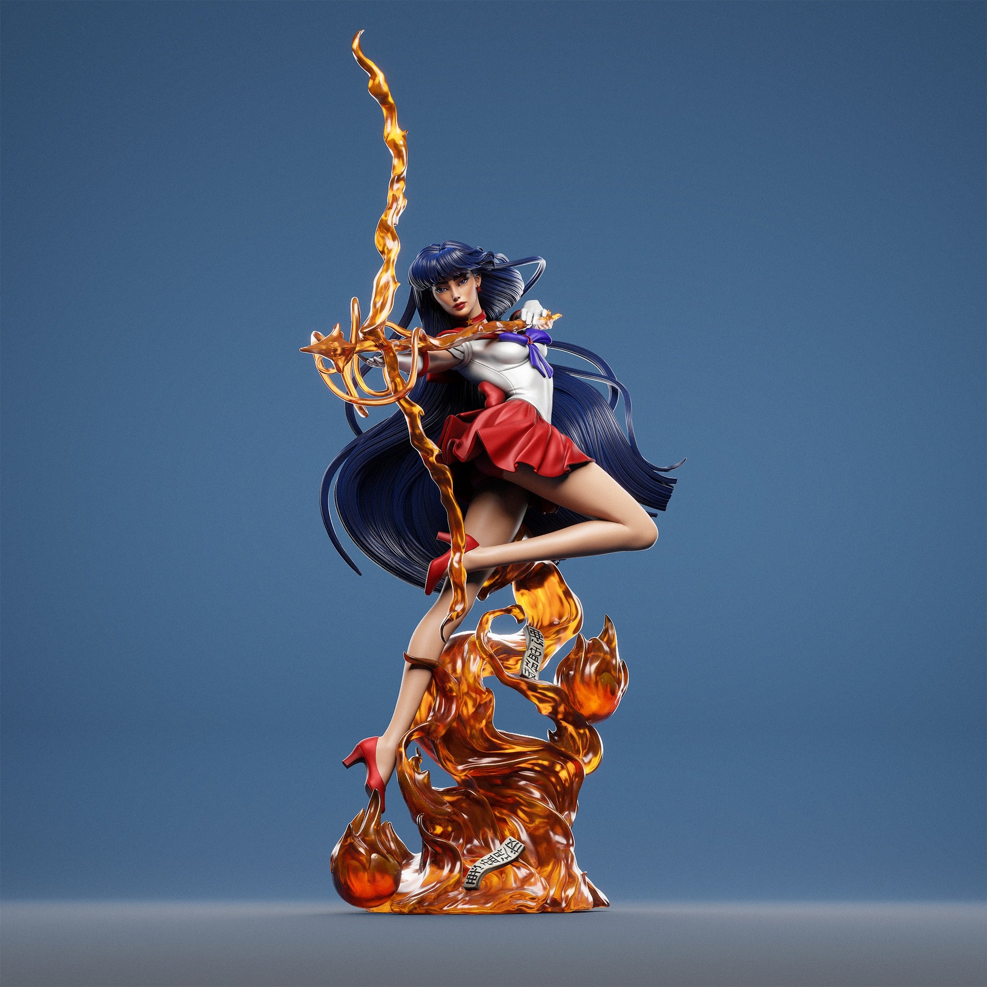 Full front view of Rei Hino collectible figure suspended in mid-air with flowing hair and blazing fire base.