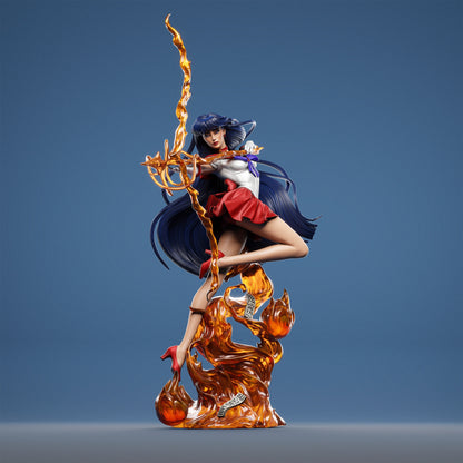 Full front view of Rei Hino collectible figure suspended in mid-air with flowing hair and blazing fire base.