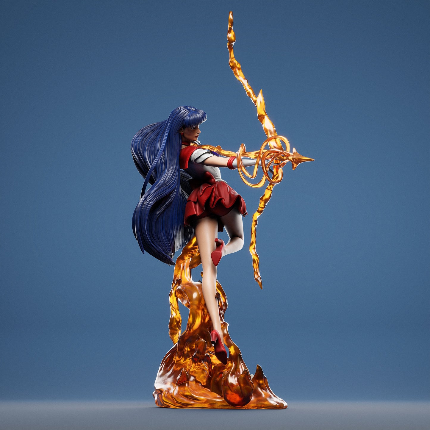 Rear angle of Rei Hino figure highlighting detailed hair strands, back of bow, and fiery swirling base