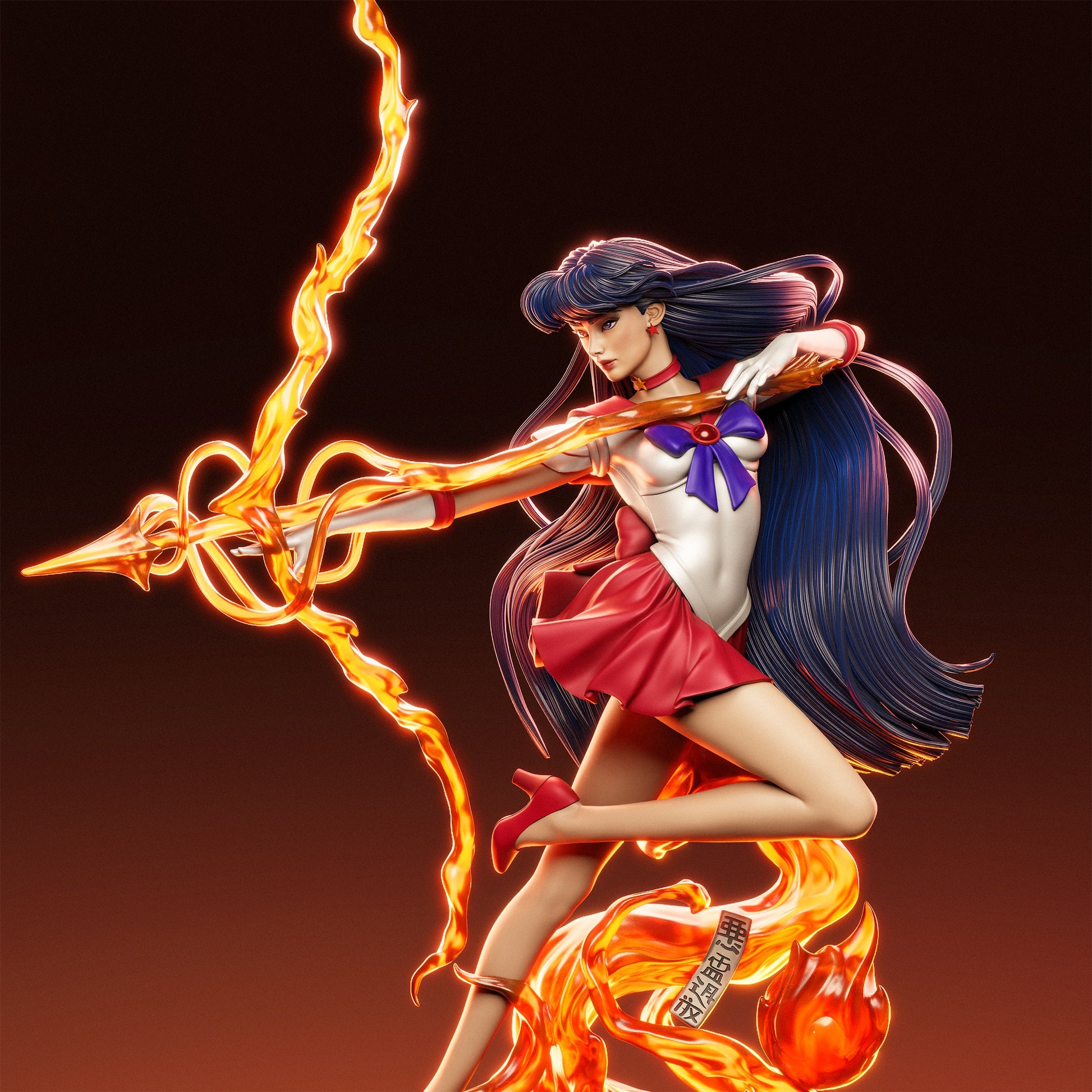 Front angle of painted Rei Hino collectible figure drawing a fiery bow with intense focus and energy effects.