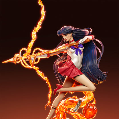 Front angle of painted Rei Hino collectible figure drawing a fiery bow with intense focus and energy effects.