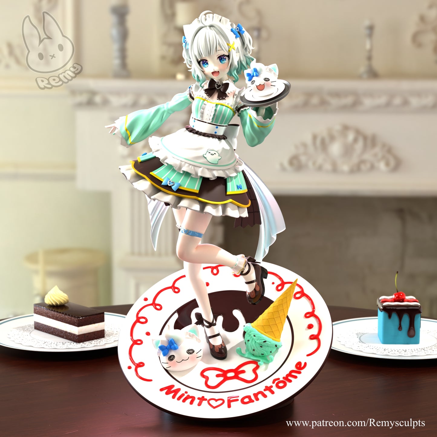 Mint Fantôme maid outfit collectible figure front view holding dessert plate with café themed base and mascot figures
