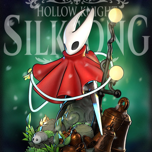 Hornet Hollow Knight Silksong full color render collectible with cloak, needle, and environmental base
