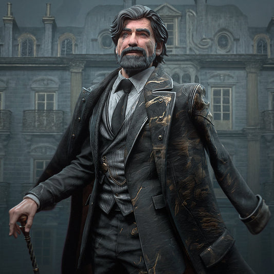 Renoir full color render – Expedition 33 collectible figure standing before a manor, wearing dark suit with cane and confident expression.