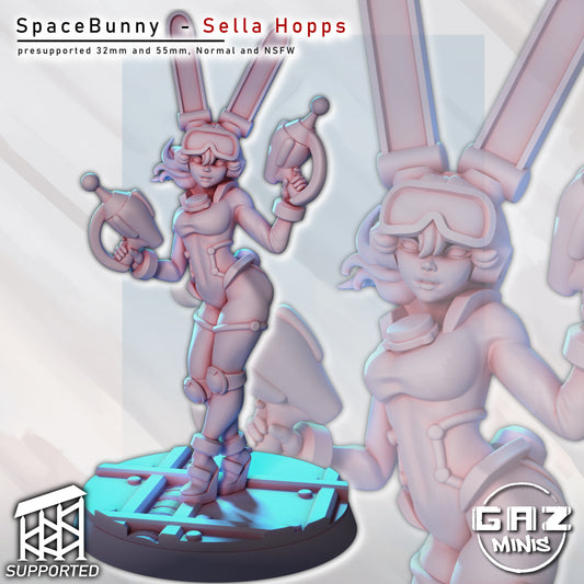 Retro Space Bunny Sella Hopps figurine close-up with goggles, twin ray guns, and playful stance