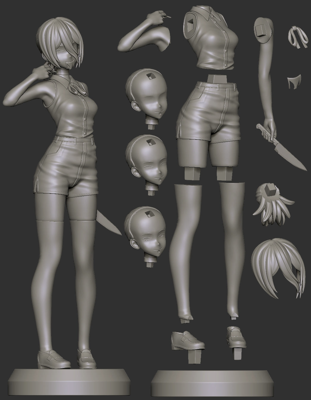 Reze Chainsaw Man figure separated parts including alternate heads, arms, hair pieces, knife hand, and clothing components, 1:7 scale