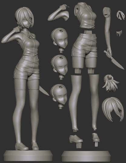 Reze Chainsaw Man figure separated parts including alternate heads, arms, hair pieces, knife hand, and clothing components, 1:7 scale