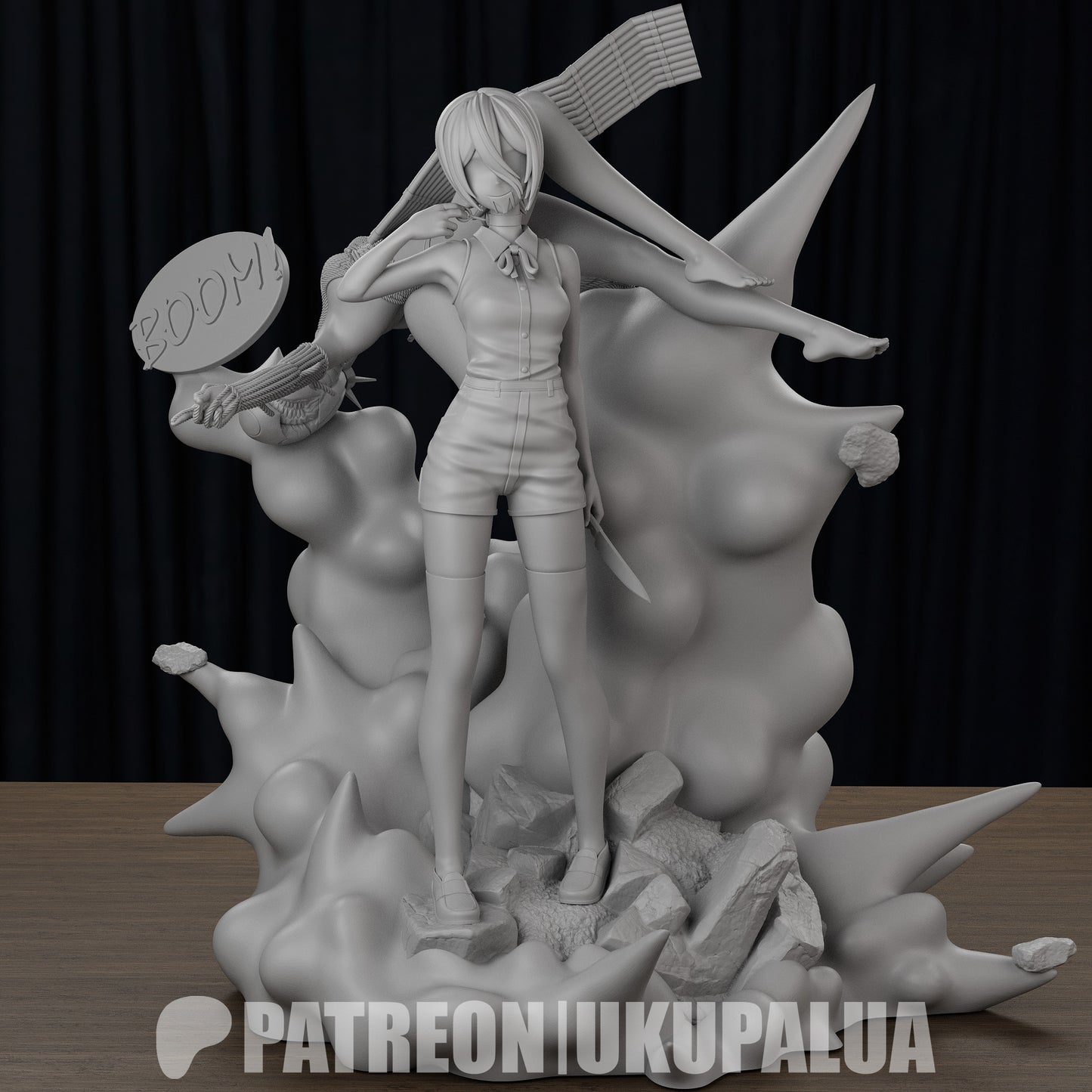 Reze and Bomb Devil Chainsaw Man figure front pose standing on explosive base with knife, sleeveless shirt and shorts outfit, 1:7 scale