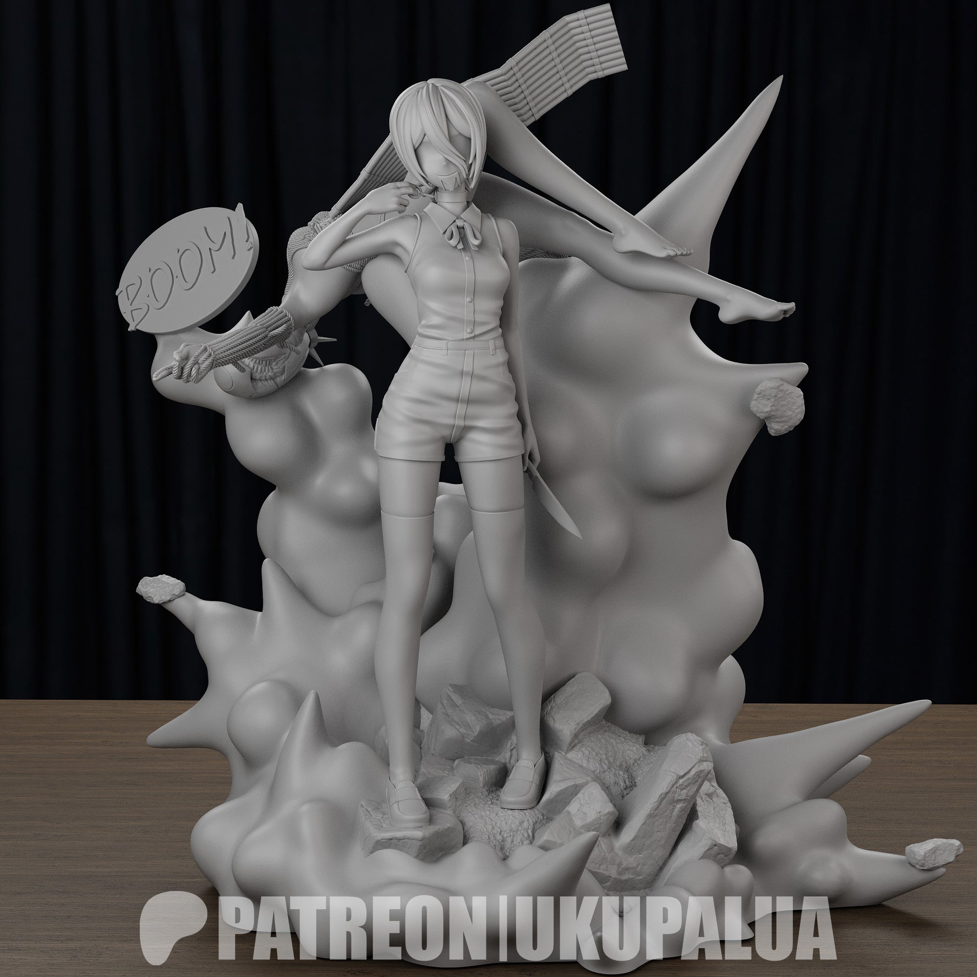 Reze and Bomb Devil Chainsaw Man figure front pose standing on explosive base with knife, sleeveless shirt and shorts outfit, 1:7 scale