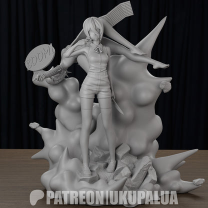 Reze and Bomb Devil Chainsaw Man figure front pose standing on explosive base with knife, sleeveless shirt and shorts outfit, 1:7 scale